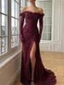 Gorgeous Sheath Off-the-Shoulder Long Sleeves Pleated Sweep Train Prom Dress