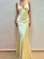 Hermosos Sheath V-Neck Pleated Floor-Length Silk Like Satin Corset Prom Dress
