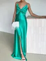 Perfect Sheath V-Neck Pleated Floor-Length Silk Like Satin Prom Dress
