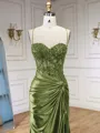 Fashion Sheath Spaghetti Straps Appliques Lace Sweep Train Silk Like Satin Corset Prom Dress