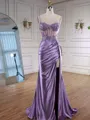 Glam Sheath Spaghetti Straps Appliques Lace Sweep Train Silk Like Satin Corset Prom Dress