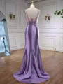 Glam Sheath Spaghetti Straps Appliques Lace Sweep Train Silk Like Satin Corset Prom Dress