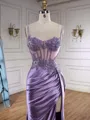 Glam Sheath Spaghetti Straps Appliques Lace Sweep Train Silk Like Satin Corset Prom Dress