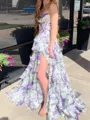 Glamorous A-line Sweetheart Cascading Ruffles Sweep Train Corset Prom Dress
