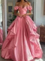 Breathtaking A-line Off-the-Shoulder Ruffles Floor-Length Satin Corset Prom Dress