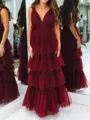 Luxurious A-line V-Neck Cascading Ruffles Floor-Length Tulle Prom Dress