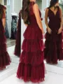 Luxurious A-line V-Neck Cascading Ruffles Floor-Length Tulle Prom Dress
