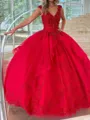 Striking Ball-Gown V-Neck Appliques Lace Floor-Length Tulle Corset Prom Dress