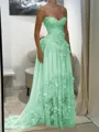 Aristocratic A-line Sweetheart Appliques Lace Sweep Train Chiffon Corset Prom Dress