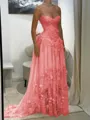 Aristocratic A-line Sweetheart Appliques Lace Sweep Train Chiffon Corset Prom Dress