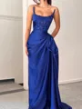 Glamorous Sheath Square Pleated Sweep Train Silk like Satin Corset Prom Dress