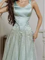 Elegant A-line Scoop Ruffles Floor-Length Satin Corset Prom Dress