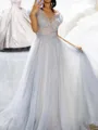 Magnificent A-line Illusion Appliques Lace Court Train Tulle Prom Dress