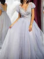 Magnificent A-line Illusion Appliques Lace Court Train Tulle Prom Dress
