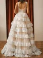 Extravagant A-line V-Neck Cascading Ruffles Sweep Train Tulle Prom Dress