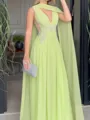 Unique A-line V-Neck Ruffles Floor-Length Chiffon Corset Prom Dress
