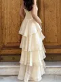 Hermosos A-line Straight Cascading Ruffles Sweep Train Prom Dress