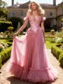 Opulent A-line Off-the-Shoulder Ruffles Sweep Train Tulle Corset Prom Dress