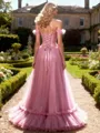 Opulent A-line Off-the-Shoulder Ruffles Sweep Train Tulle Corset Prom Dress