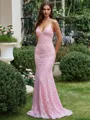 Show-stopping Sheath Spaghetti Straps Appliques Lace Sweep Train Prom Dress