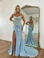 Dreamy Sheath Straight Pleated Court Train Silk Like Satin Corset Prom Dress