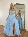 Fashion A-line Sweetheart Cascading Ruffles Sweep Train Chiffon Corset Prom Dress