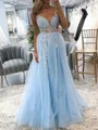 Perfect A-line Spaghetti Straps Appliques Lace Floor-Length Tulle Prom Dress