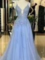 Glam A-line Spaghetti Straps Appliques Lace Sweep Train Tulle Prom Dress