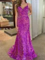 Captivating Sheath Spaghetti Straps Sequin Sweep Train Velvet Sequins Prom Dress