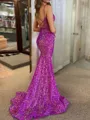 Captivating Sheath Spaghetti Straps Sequin Sweep Train Velvet Sequins Prom Dress