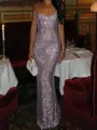 Fashion-forward Sheath Square Sequin Floor-Length Prom Dress