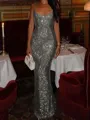 Fashion-forward Sheath Square Sequin Floor-Length Prom Dress