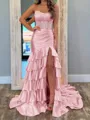 Bodycon Sheath Straight Cascading Ruffles Court Train Silk Like Satin Corset Prom Dress