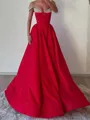 Stunning A-line Off-the-Shoulder Rhinestone Sweep Train Satin Corset Prom Dress