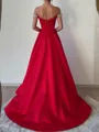 Stunning A-line Off-the-Shoulder Rhinestone Sweep Train Satin Corset Prom Dress
