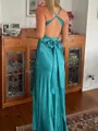 Slinky Sheath V-Neck Bow Sweep Train Silk Like Satin Prom Dress