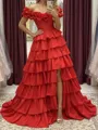 Dreamy A-line Off-the-Shoulder Cascading Ruffles Floor-Length Taffeta Corset Prom Dress