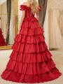 Dreamy A-line Off-the-Shoulder Cascading Ruffles Floor-Length Taffeta Corset Prom Dress