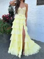 Glam A-line Sweetheart Cascading Ruffles Sweep Train Chiffon Corset Prom Dress