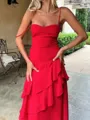 Clean-lined Sheath Spaghetti Straps Cascading Ruffles Sweep Train Chiffon Prom Dress