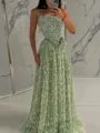 Flowing A-line Spaghetti Straps Appliques Lace Sweep Train Lace Prom Dress