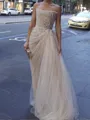 Fashion Sheath Straight Rhinestone Sweep Train Tulle Corset Prom Dress