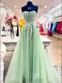 Delicate A-Line Sweetheart Appliques Lace Sweep Train Tulle Corset Prom Dress