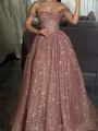 Elegant A-Line Off-the-Shoulder Sequin Floor-Length Sequins Corset Prom Dress