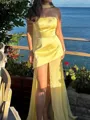 Exquisite Sheath Straight Sweep Train Silk Like Satin Corset Prom Dress