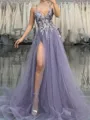 Mesmerizing A-Line Spaghetti Straps Appliques Lace Sweep Train Tulle Corset Prom Dress
