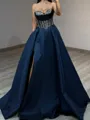 Striking A-Line Sweetheart Beading Sweep Train Satin Corset Prom Dress
