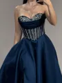 Striking A-Line Sweetheart Beading Sweep Train Satin Corset Prom Dress