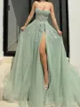 Magnificent A-Line Sweetheart Appliques Lace Sweep Train Tulle Corset Prom Dress