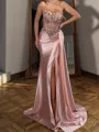 Splendiferous Sheath Straight Pleated Sweep Train Silk Like Satin Corset Prom Dress